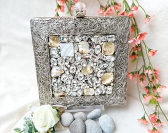 Handcrafted Crystal Clutch: Mother of Pearl Evening Bag with Antique Silver