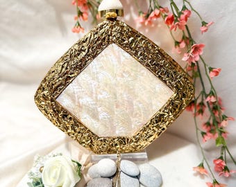 Crystal Mother of Pearl Clutch: Handcrafted Evening Bag with Chain Strap