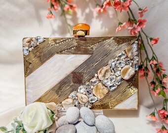 Crystal Mother of Pearl Clutch: Handcrafted Evening Bag with Chain Strap