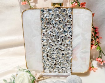 Crystal Mother of Pearl Clutch: Handcrafted Evening Bag with Chain Strap