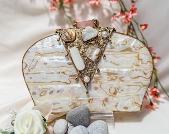 Crystal Mother of Pearl Clutch: Handcrafted Evening Bag with Chain Strap