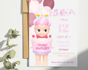 Szablon zaproszenia urodzinowego Sonny Angel | Zaproszenie na imprezę Kawaii | Edytowalny format 5x7 (pobranie cyfrowe)