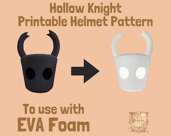 May include: An image shows a black and a white Hollow Knight helmet pattern. The text reads "Hollow Knight Printable Helmet Pattern" and "To use with EVA Foam". The helmets have two curved horns and two eye holes.