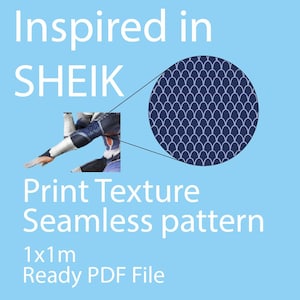 May include: A digital graphic featuring the text Inspired in SHEIK Print Texture Seamless pattern 1x1m Ready PDF File. It displays a small image of a sleeve with a dark blue scale pattern and a large circular zoom-in of the same scale design.