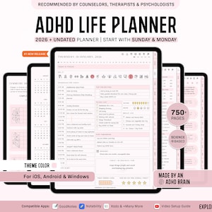 ADHD Digital Planner for Goodnotes, iPad & Android.  Adult ADHD daily planner, self care + habit tracker, based on science. Planner ADHD