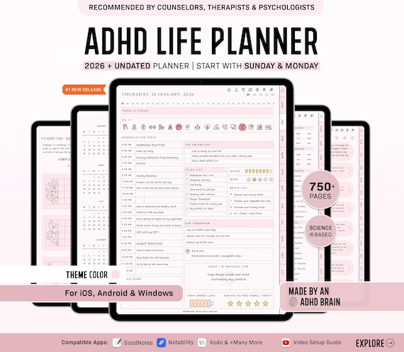 ADHD Digital Planner for Goodnotes, iPad & Android.  Adult ADHD daily planner, self care + habit tracker, based on science. Planner ADHD