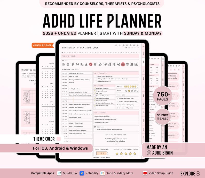ADHD Digital Planner for Goodnotes, iPad & Android.  Adult ADHD daily planner, self care + habit tracker, based on science. Planner ADHD