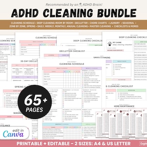 Adhd cleaning planner bundle, editable home cleaning schedule checklist, weekly, monthly, yearly cleaning, declutter, family chore chart,pdf