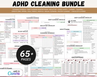 Adhd cleaning planner bundle, editable home cleaning schedule checklist, weekly, monthly, yearly cleaning, declutter, family chore chart,pdf