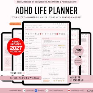 ADHD Digital Planner for Goodnotes, iPad & Android.  Adult ADHD daily planner, self care + habit tracker, based on science. Planner ADHD