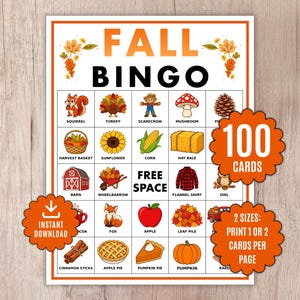 Può includere: Una cartella di gioco Bingo autunnale con il titolo FALL BINGO in alto, decorata con foglie autunnali. La griglia contiene illustrazioni di uno scoiattolo, tacchino, spaventapasseri, fungo, pigna, cesto, girasole, mais, balla di fieno, fienile, carriola, camicia di flanella, gufo, volpe, mela, mucchio di foglie, cacao, bastoncini di cannella, torta di mele, torta di zucca e una zucca.