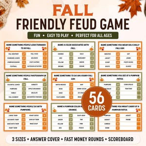 May include: A Fall Friendly Feud game set featuring 56 cards with autumn-themed trivia questions and point values. The cards display prompts like Name something people look forward to in fall and Name something you wear on a chilly fall day.