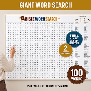 Puede incluir: Un gran juego de búsqueda de palabras bíblicas impreso en una hoja rectangular blanca con un borde marrón. El título dice BIBLE WORD SEARCH con un icono de libro y cruz. Incluye una lista de 100 palabras, flechas de dirección y texto que indica 3 tamaños: 122 x 91 cm, 91 x 61 cm, A4, y 2 versiones con respuestas.
