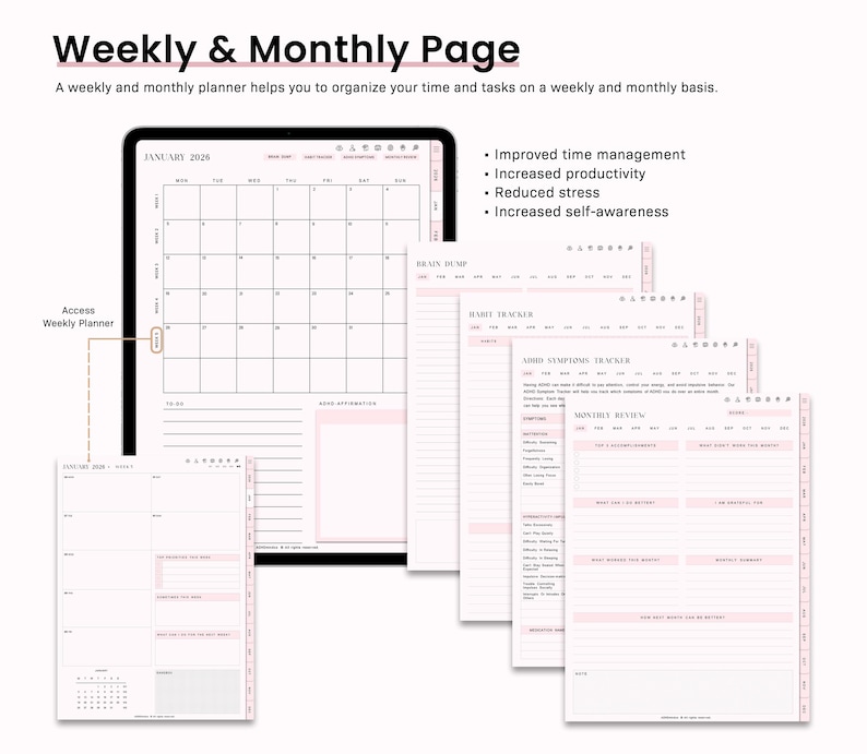 ADHD Digital Planner for Goodnotes, iPad & Android.  Adult ADHD daily planner, self care + habit tracker, based on science. Planner ADHD