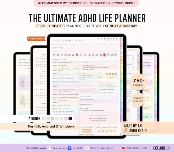 ADHD Digital Planner (made by an ADHD Coach) for Goodnotes, iPad & Android. Adhd Digital Planner, Planner Adhd, Adult ADHD daily planner