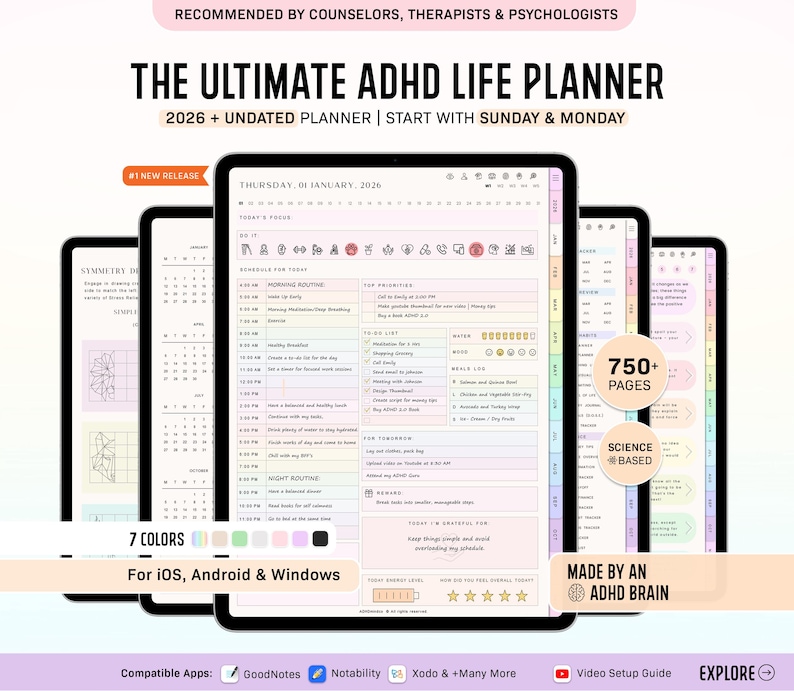 ADHD Digital Planner (made by an ADHD Coach) for Goodnotes, iPad & Android. Adhd Digital Planner, Planner Adhd, Adult ADHD daily planner