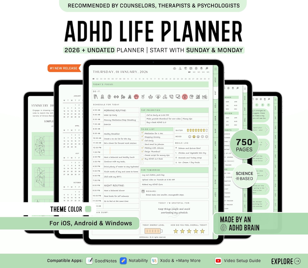 ADHD Digital Planner for Goodnotes, iPad & Android. Adult ADHD Daily ...