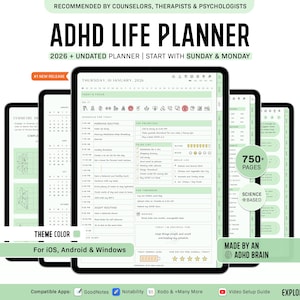 ADHD Digital Planner for Goodnotes, iPad & Android.  Adult ADHD daily planner, self care + habit tracker, based on science. Planner ADHD