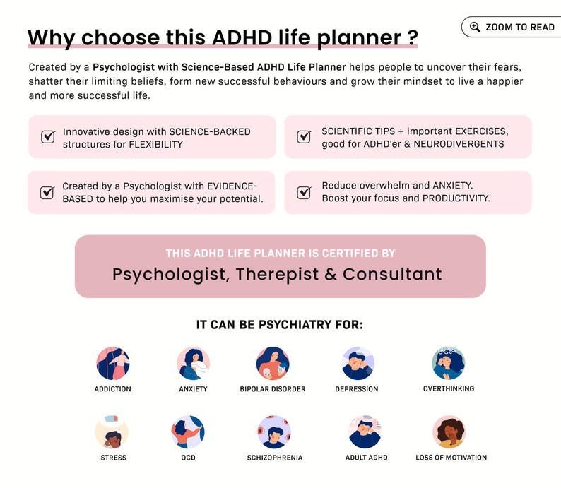 ADHD Digital Planner for Goodnotes, iPad & Android.  Adult ADHD daily planner, self care + habit tracker, based on science. Planner ADHD