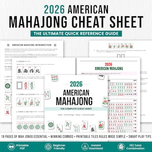 Peut inclure: Plusieurs feuilles imprimées pour le Mahjong américain, intitulées "2026 AMERICAN MAHAJONG CHEAT SHEET". Le guide de référence rapide comprend des règles, une terminologie et des exemples. Il met l'accent sur les combinaisons gagnantes et les conseils de jeu intelligents.