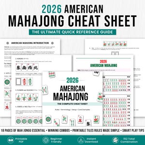 2026 Amerikanisches Mahjong Spickzettel Bündel | Mahjong Hand Tracker + Mahjong Anleitung + Digitale Karte | Anfänger Strategie, druckbare PDF Mah Jongg