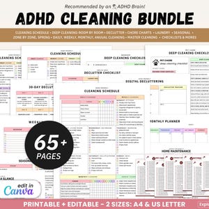 Op de afbeelding: ADHD schoonmaakbundel met 65+ pagina's met afdrukbare en bewerkbare schoonmaakschema's, checklists en taaklijsten. Inclusief dieptereiniging, ontspullen en seizoensgebonden gidsen. Verkrijgbaar in A4- en US Letter-formaten.