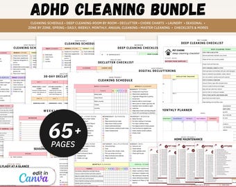 ADHD cleaning planner bundle, Editable Home cleaning schedule, Weekly, Monthly, Yearly Cleaning, Declutter, Family Chore Chart, Deep Clean