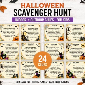 Puede incluir: Un juego de búsqueda del tesoro de Halloween imprimible con 24 tarjetas de pistas con texto, calabazas naranjas, gatos negros, murciélagos e ilustraciones de telarañas. Las tarjetas incluyen acertijos para lugares interiores y exteriores.