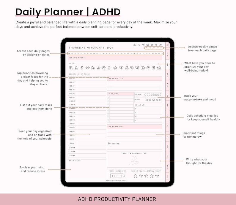 ADHD Digital Planner for Goodnotes, iPad & Android.  Adult ADHD daily planner, self care + habit tracker, based on science. Planner ADHD