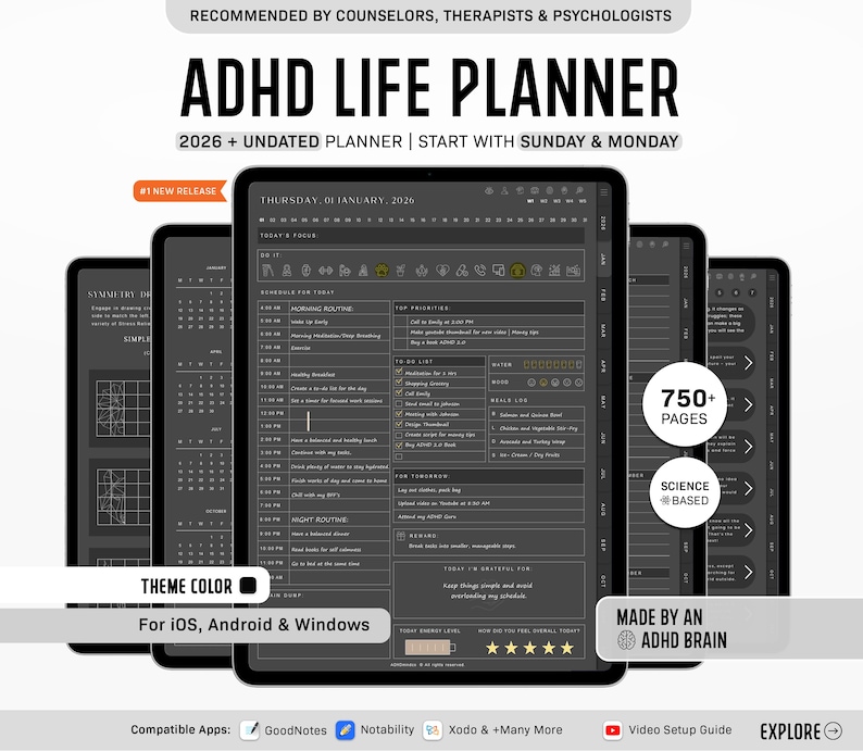 ADHD Digital Planner, Daily ADHD Planner, Adult ADHD Planner, 2026 Digital Planner, Neurodivergent Planner, Goodnotes Planner, adhd Planner image 1