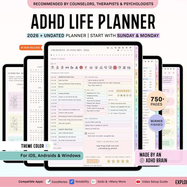ADHD Digital Planner, Adult ADHD Planner, 2026 Digital Planner, Neurodivergent Planner, Daily ADHD Planner, Goodnotes Planner, Adhd Planner