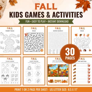 May include: A collection of 30 printable autumn-themed activity pages for children, featuring mazes, word searches, counting exercises, shape tracing, spot the difference, and pre-writing tasks. The sheets are sized at 21.6 by 27.9 cm.