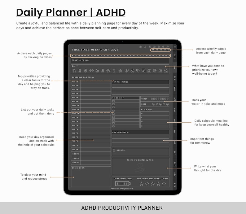 ADHD Digital Planner, Daily ADHD Planner, Adult ADHD Planner, 2026 Digital Planner, Neurodivergent Planner,  Goodnotes Planner, adhd Planner