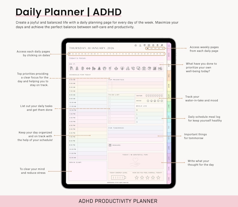ADHD Digital Planner, Adult ADHD Planner, 2026 Digital Planner, Neurodivergent Planner, Daily ADHD Planner, Goodnotes Planner, Adhd Planner