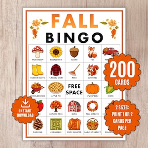 Peut inclure: Une carte de jeu de bingo d'automne avec une grille d'illustrations saisonnières comprenant un champignon, un tournesol, un gland, un renard, un camion, des bottes, une chemise, un râteau, un écureuil, une brouette, une tarte et une citrouille.
