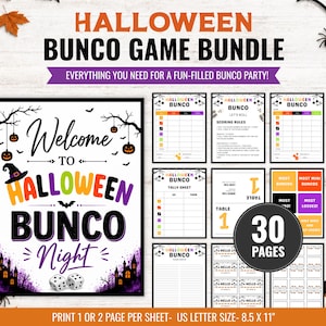 Puede incluir: Un paquete de juego de Bunco para Halloween que incluye 30 páginas de materiales imprimibles. El conjunto contiene un cartel de bienvenida, reglas de puntuación, hojas de registro, marcadores de mesa, tarjetas de premios y etiquetas de nombre.