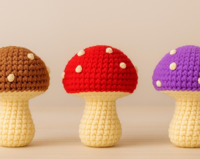 Handmade Crochet Mushroom Plush – Amigurumi Decor in Red, Brown, and Purple – Cute Soft Toy or Gift
