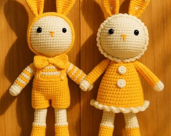 Adorable Crochet Bunny Plush Kawaii Boy Girl Twins Nursery Toy