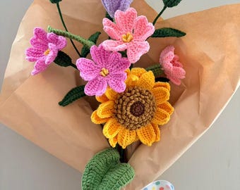 Crochet Flower Bouquet, Handmade Knitted Flower Arrangement, Forever Flower Gift, Sunflower Floral Decor, Mother’s Day Gift