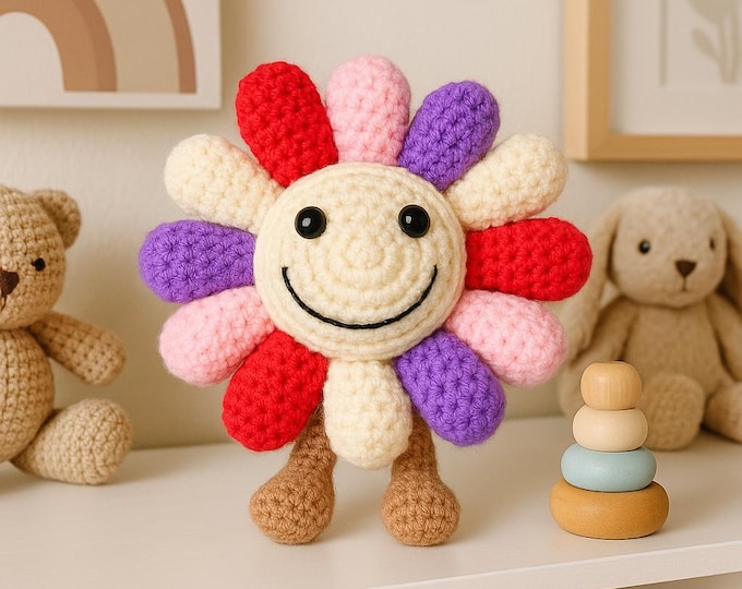 Handmade Crochet Sunflower Plush – Colorful Amigurumi Flower Toy, Happy Face Gift, Rainbow Petal Softie