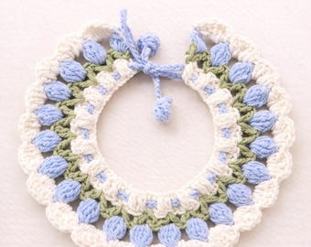 Crochet Pet Collar: Blue Flower Bib, Adjustable Cat Dog Scarf