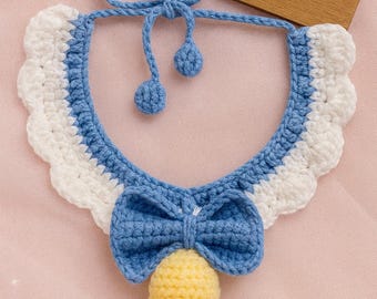 Crochet Pet Collar: Blue Bow, Yellow Pom Pom - Cat & Small Dog