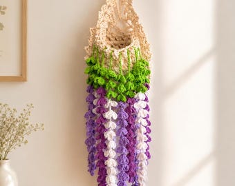 Crochet Wisteria Wall Hanging Basket – Purple Floral Decor, Boho Gift