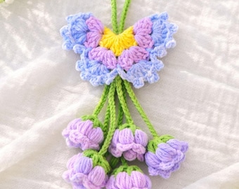 Crochet Butterfly Lily of the Valley Hanging Charm, Soft Pastel Floral Decor