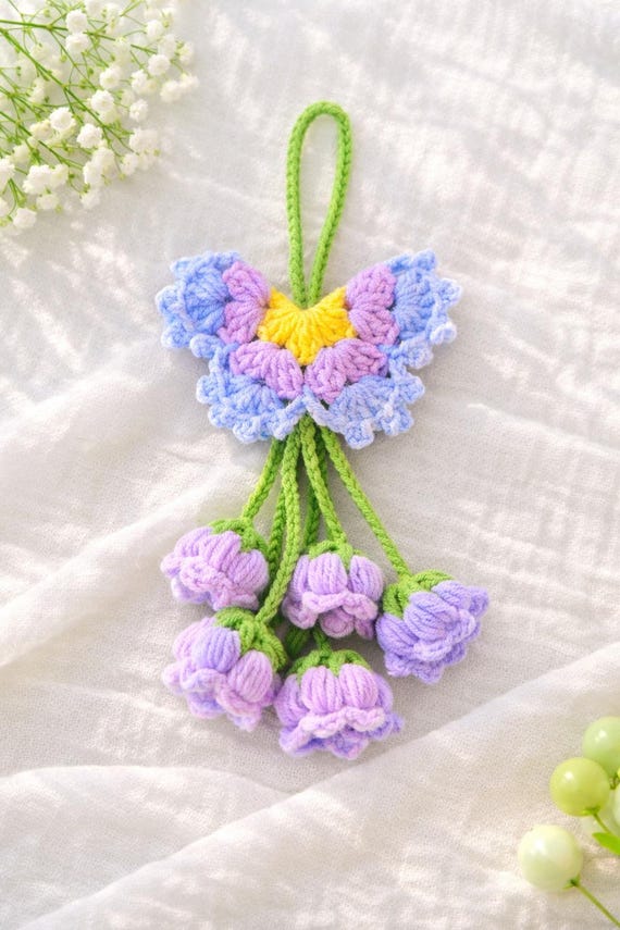 Crochet Butterfly Lily of the Valley Hanging Charm, Soft Pastel Floral Decor
