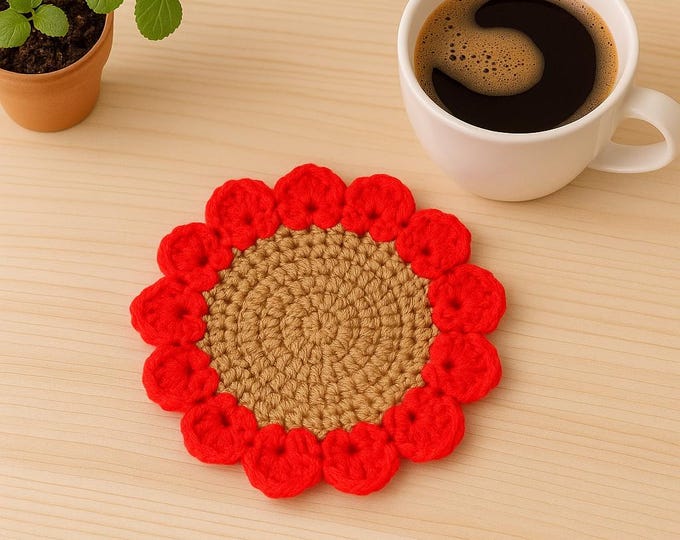 Handmade Crochet Flower Coaster – Red Petal Sunflower Design