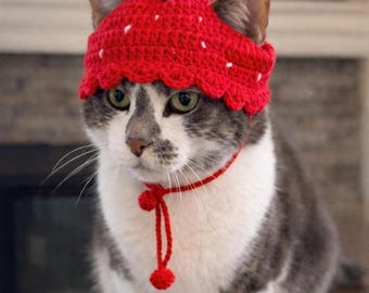 Handmade Strawberry Cat Hat, Cute Crochet Cat Costume & Photo Prop