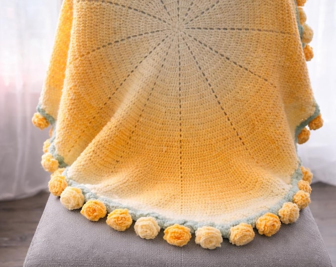 Featured listing image: Handmade Yellow Rose Crochet Blanket, Round Floral Throw, Cozy Home Decor, One of a Kind Gift