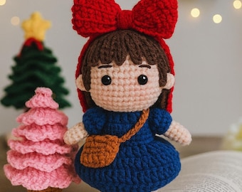 Adorable Kiki Inspired Crochet Witch Plush Doll Red Bow Anime Gift
