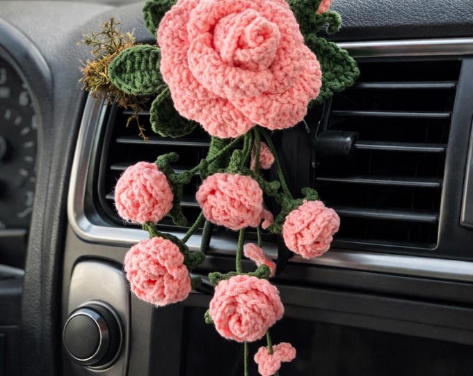 Featured listing image: Rose Car Vent Clip – Handmade Crochet Flower Car Decor, Romantic Gift for Her, Anniversary or Mother’s Day Gift